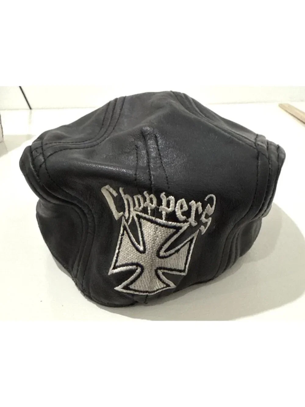 Vintage Black Leather Biker Hat Cap Embroidered 'Choppers' Size S/M